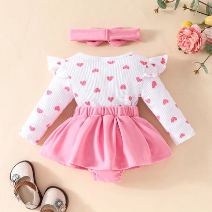 2 Pcs Baby Sweet Love Heart Fake Strap Long Sleeve Triangle Climb Dress Baby Girl Valentine's Day Triangle Onesie Dress+Bow Head