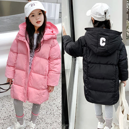 2024 Winter Teen Girls Jacket Long Solid Color Letter Print Thick Keep Warm Hooded Coat For 3-10Y Kids Down Cotton Snow Clothes