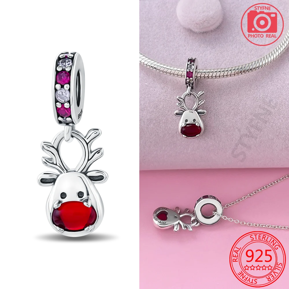 925 Sterling Silver Bell Ring Christmas Tree Red Heart Elk Charm Fit DIY Bracelet Necklaces Jewelry