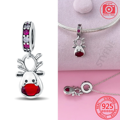 925 Sterling Silver Bell Ring Christmas Tree Red Heart Elk Charm Fit DIY Bracelet Necklaces Jewelry