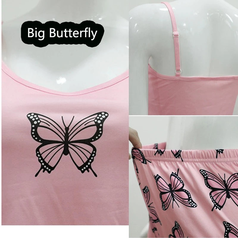 Two-Piece Set Camisole Tops Shorts Loungewear Women Pajamas Soft Print Butterfly Sweet Wind Suspenders Sleepwear Outside Sexy