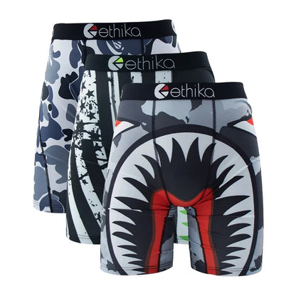 3Pcs ETHIKA Fashion Sexy Men Underwear Boxers Shark Print Man Underpants Sports Panties Lingeries Boxer Briefs Trunks Plus Size