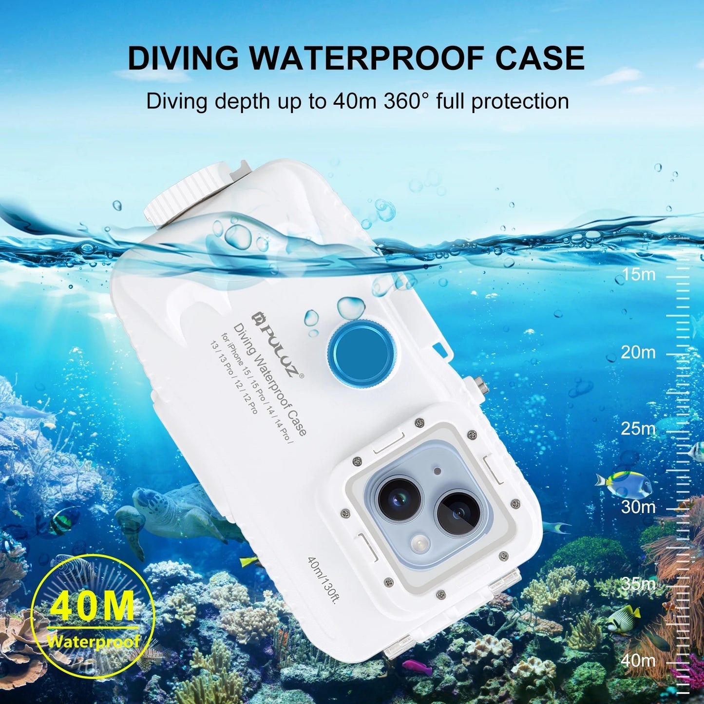 PULUZ 40m/130ft Waterproof Case for iPhone 15 14 Pro Max 15 14 Plus 15 14 13 12 11 Pro Max Diving Housing Underwater Cover