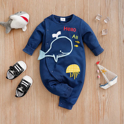 Baby Jumpsuit Cute Cartoon Three-Dimensional Whale Print Comfortable And Soft Spring And Autumn Long Sleeved 0-18mNewbornClothes