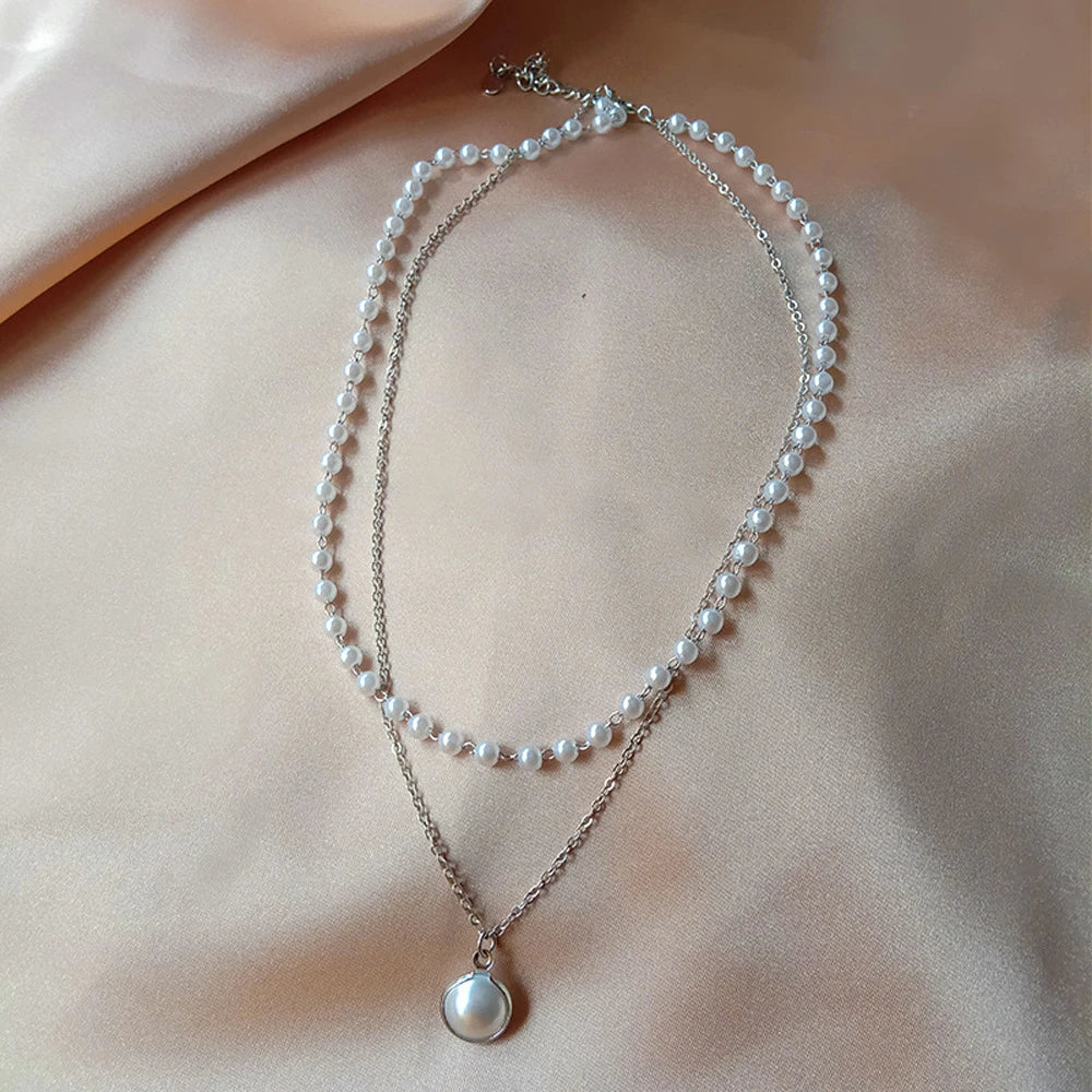 Multilayer Imitation Pearl OT Buckle Pendant Necklace Women Wed Bridal Goth Bead Chain Y2K Accessories Neck Jewelry Decoration