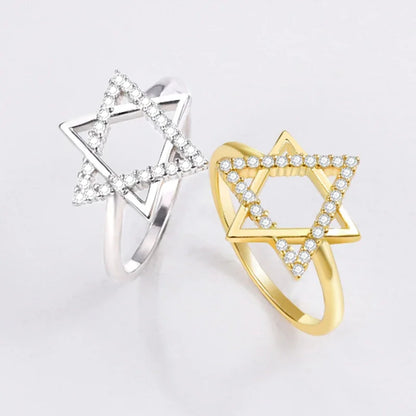 925 Sterling Silver Jewish Ring Cubic Zirconia Star of David Finger Ring for Women Platinum Plated Hexagonal Star Amulet Jewelry