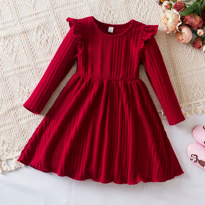 Autumn and Winter Girls Knitted Sweater Dress Solid Color Soft Long Sleeve Dress Children Christmas Costume Birthday Casual Wear