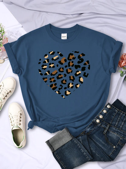 Simple Broken Leopard Heart Women Tshirt Casual Fashion T Shirts Soft Fashion Tee Clothing Harajuku Comfortable Women'S T Shirt