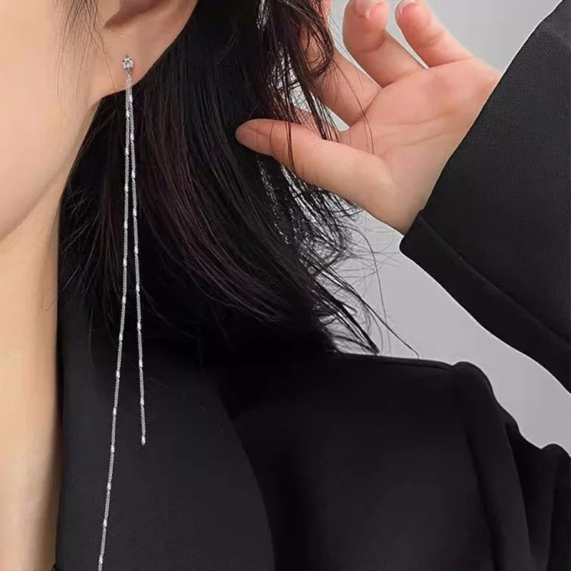 925 Sterling Silver Tassel Earrings Long Asymmetric Earrings Fashion Temperament Earrings Female Wedding Jewelry Birthday Gift