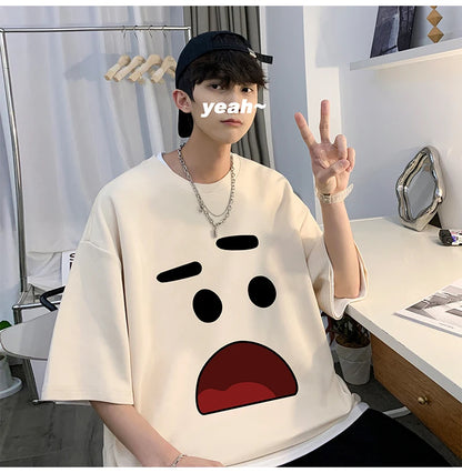 Men's Cotton Oversized T-shirts 5XL Mens T Shirt Casual Summer Wear Emote Fashion Print White Tee Shirts for Men Clothing