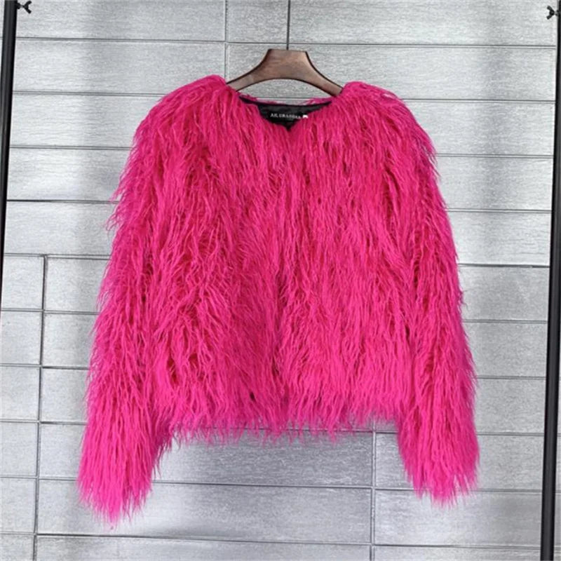 Colorful Warm Faux Women Fur Coat Loose Black White Pink Plush Coat Female Jacket Fur Autumn Winter Shaggy Outerwear