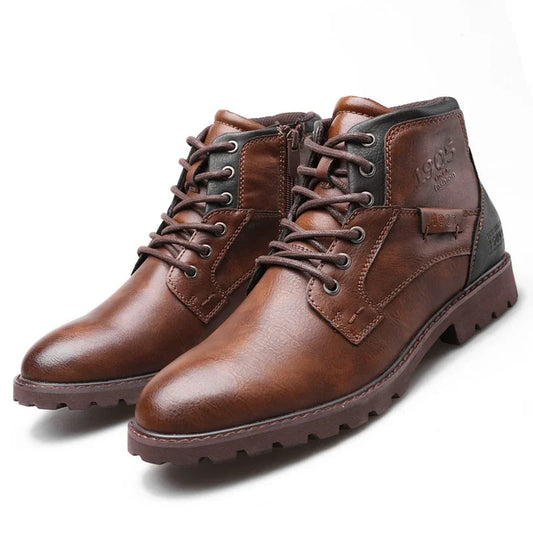 New Leather Men Ankle Boots Plus Size High Top Outdoor Work Footwear  Motorcy Clevintage Cowboy Boots Fashion Men's Casual Shoes