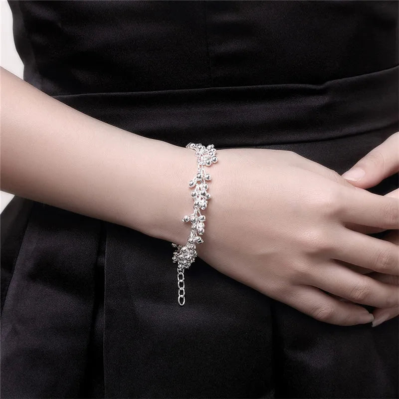 925 Sterling Silver Grapes Bracelet for Women, Smooth Beads, Wedding Engagement, Fashion Jewelry