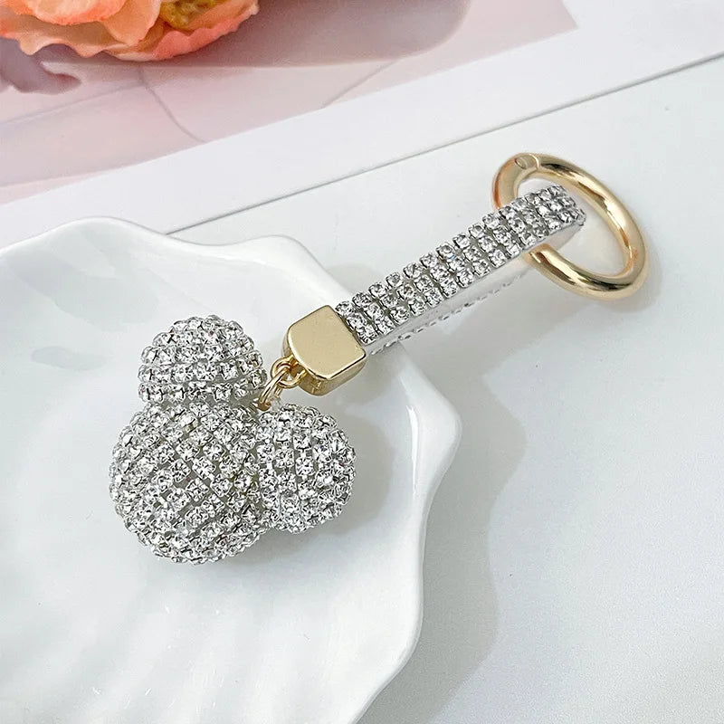 Light Luxury Rhinestone Mickey Head Keychain Crystal Leather Strap Women Bag Pendant Creative Car Keychain Lover Gift for Friend