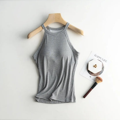 Ribbed Women's Camisole with Padded Bust Wireless Tank Tops Halter Neck Sleeveless Casual Slim Undershirts Female Outwear C5833