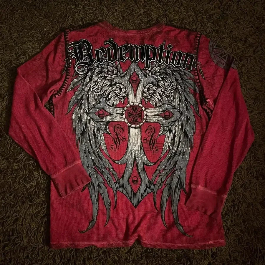 Affliction Long sleeved T shirt Y2K Fashion New Round Neck Oversized T shirt Mens Womens Casual Tops Streetwear Gothic Clothing