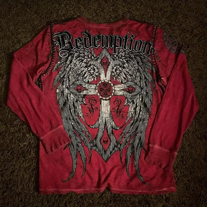 Affliction Long sleeved T shirt Y2K Fashion New Round Neck Oversized T shirt Mens Womens Casual Tops Streetwear Gothic Clothing