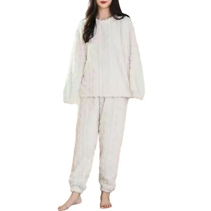 1 Set Winter Women Pajamas Warm Plush 2-Piece Sleepwear Set Stylish Solid Color Elastic High Waist Pullover Pajama Suit