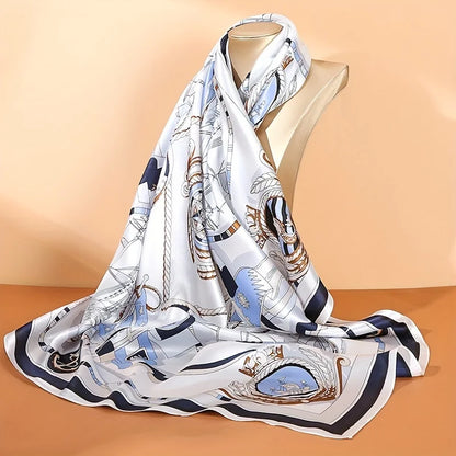 Luxury Large Nautical Print Square Scarf Thin Breathable Silky Neck Scarf Glamorous Style Sunscreen Headscarf