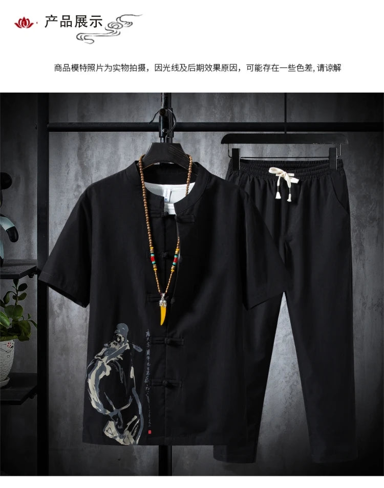 (Shirt + trousers) 2024 summer men shirt printing Man Cotton shirts Short sleeve men's casual shirts elastic waist size M to 5XL