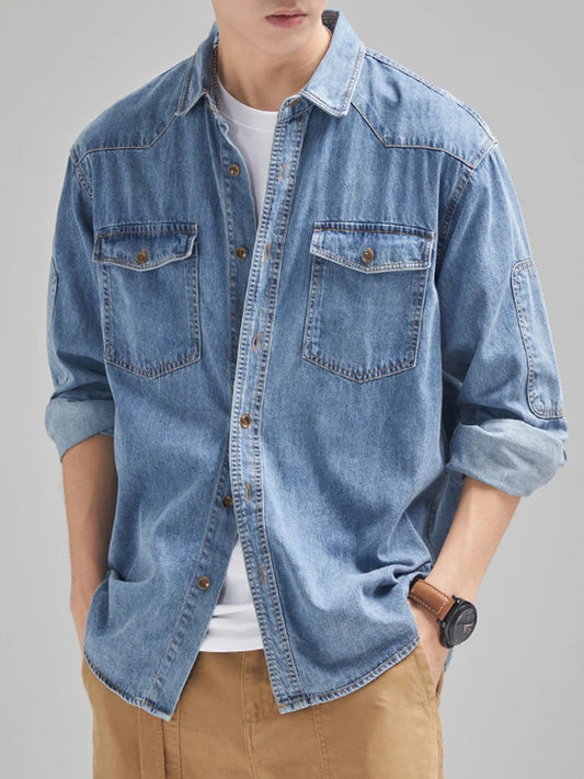 2023 New Denim Cotton Men's Shirt Long Sleeve Black Blue Drop Shoulder Button Pockets Cowboy Loose Casual Work Jeans Shirts