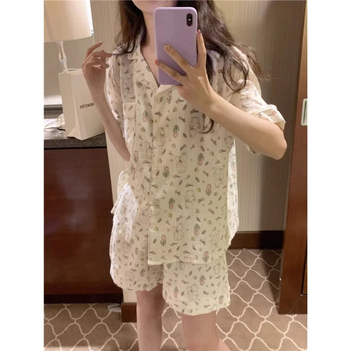 Women's Pajamas New Summer Short Sleeve Soft Sleepwear Set Grid Cartoon Printed Pyjama Woman Home Nightwear Set Cardigan