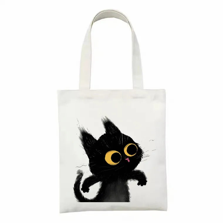 Cute Tote Bag Animals Black Cat Print Canvas Bag Eco Shopping Bag Daily Use Foldable Handbag Large Capacity Canvas Tote Women