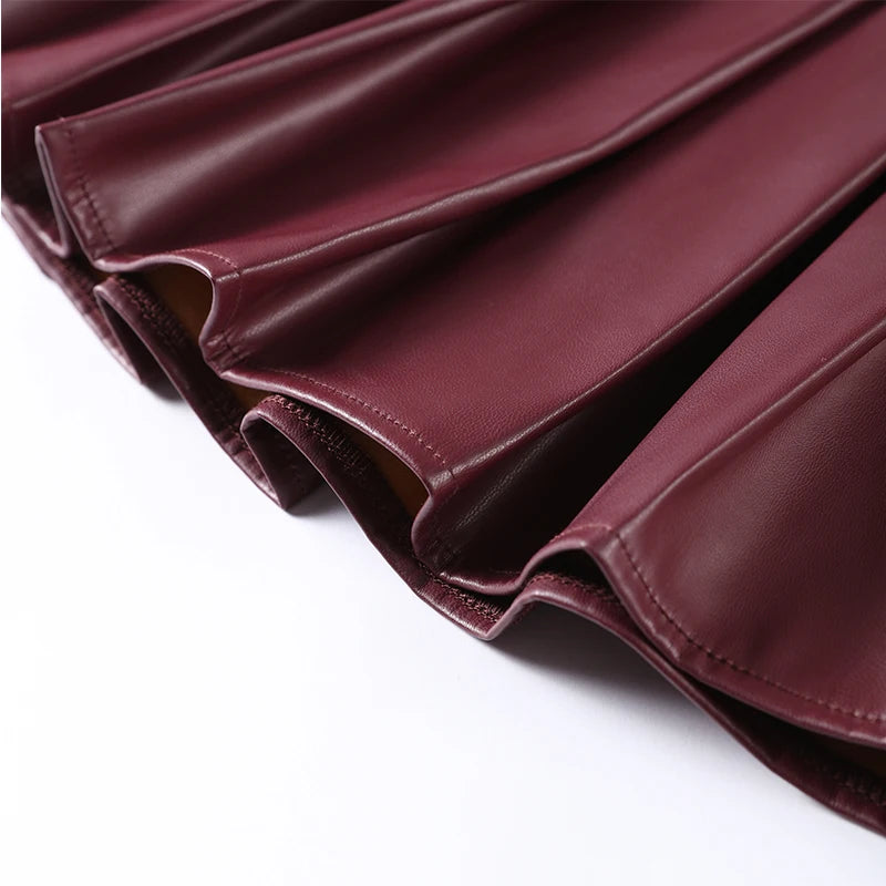 PU Leather Coat Pleated Mini Skirt Sets Women Lapel Double Breasted Long Sleeve Coats High Waist Skirts Set 2024 Lady Suits