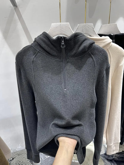 With Hat  Hoodies for Women Half-zip Simple Solid Korean Fashion All-match Streetwear Chic Design Causal Autumn Winter Tops Y2k