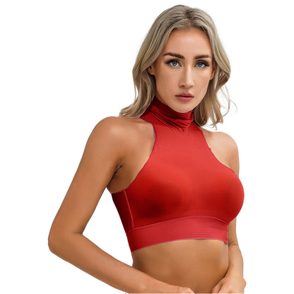 Womens Glossy Crop Tops Mock Neck Sleeveless Sheer See-Through Slim Fit Vest Tops for Swimwear Pool Party Clubwear Nightwear