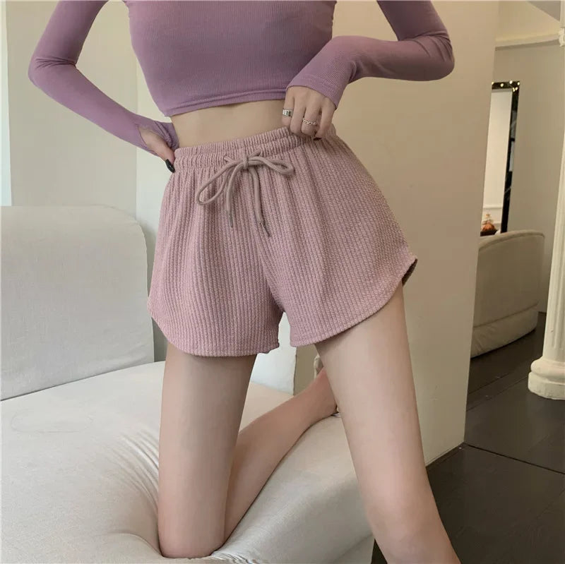 Women Shorts Summer High Elastic Lace Up Drawstring Wide Leg Sweat Short Fitness Running Shorts Loose Casual Large Sports Pants