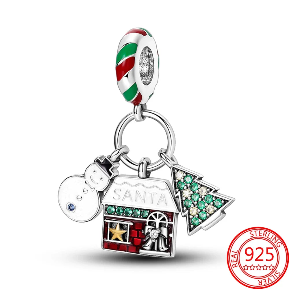 925 Sterling Silver Bell Ring Christmas Tree Red Heart Elk Charm Fit DIY Bracelet Necklaces Jewelry