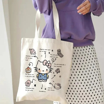 Hello Kitty Canvas Tote Bag Harajuku Y2k 90s Cartoon Girl Handbag Large Capacity Female Shoulder Bags Portable Travel Purse Gift