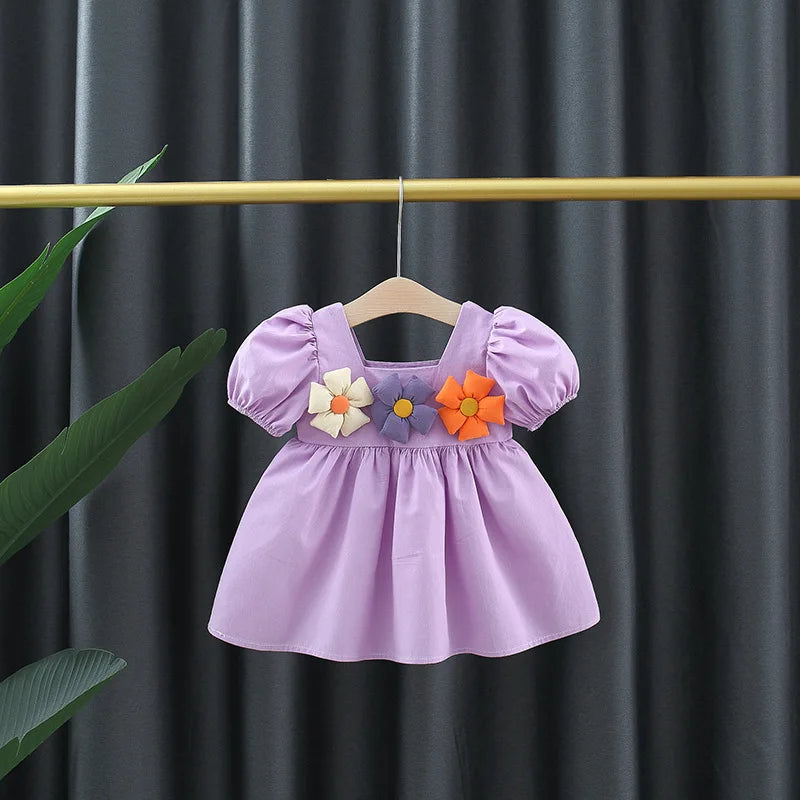 Summer Children Clothes Flower Simple Solid Color Puff Sleeve Baby Girl Dresses Thin Toddler Party Birthday Princess 0 To 3 Y