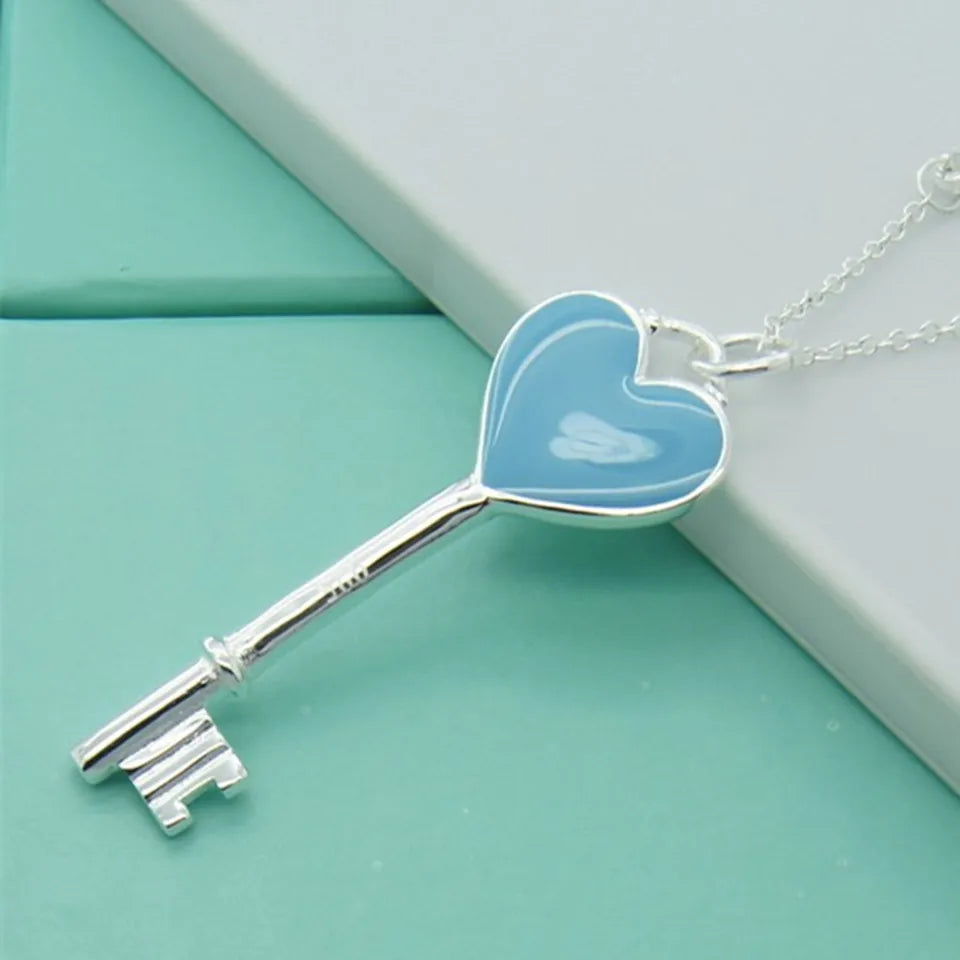 925 Sterling Silver Crystal Heart Round Key Pendant Necklace For Women Wedding Jewelry Silver Color Fashion Jewelry Gift