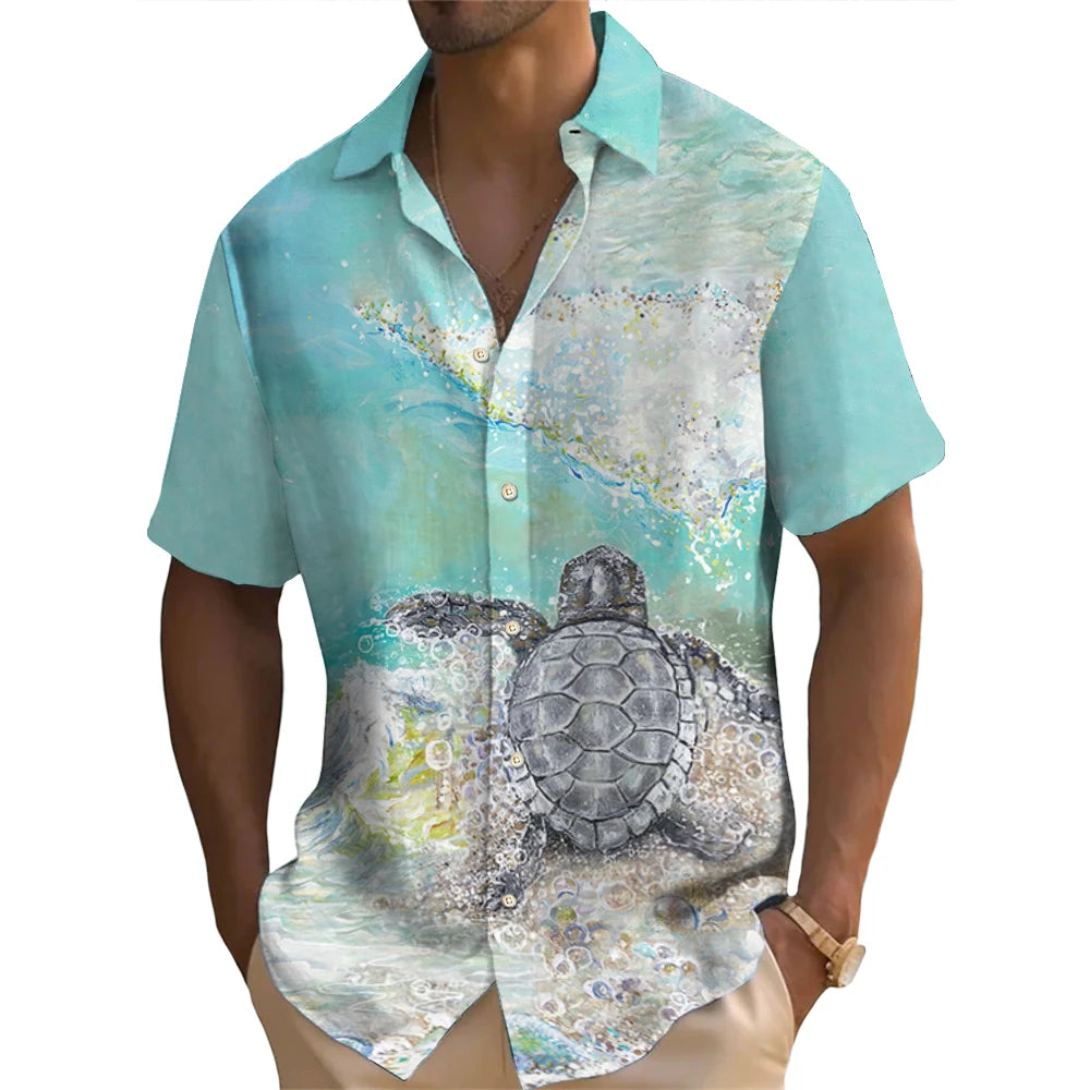 Summer Fashion Retro Ocean Animals Turtle Print Men's Short Sleeve Shirt Street Casual Daily Oversized Men Shirts Oversized Tops