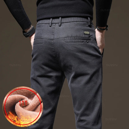 Brand Clothing Winter Fleece Warm Casual Pants Men Cotton Elastic Waist Brown Grey Twill Work Slim Flocking Cargo Trousers Male