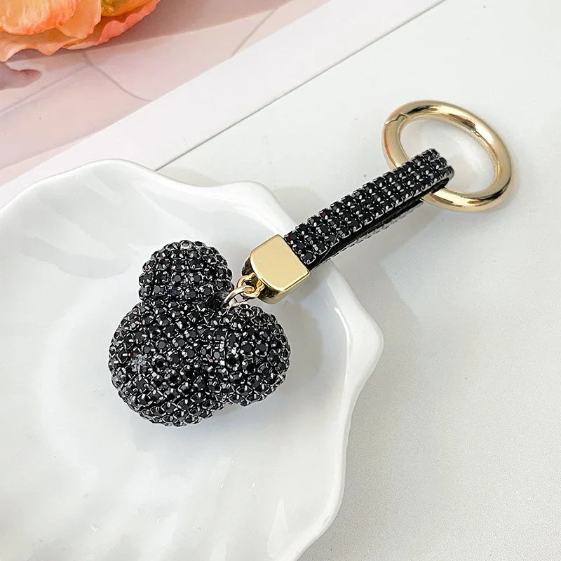 Light Luxury Rhinestone Mickey Head Keychain Crystal Leather Strap Women Bag Pendant Creative Car Keychain Lover Gift for Friend