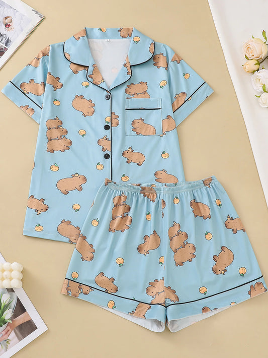 Blue background cute capybara cardigan women's pajamas set short sleeved top and loose pants comfortable women's pajamas