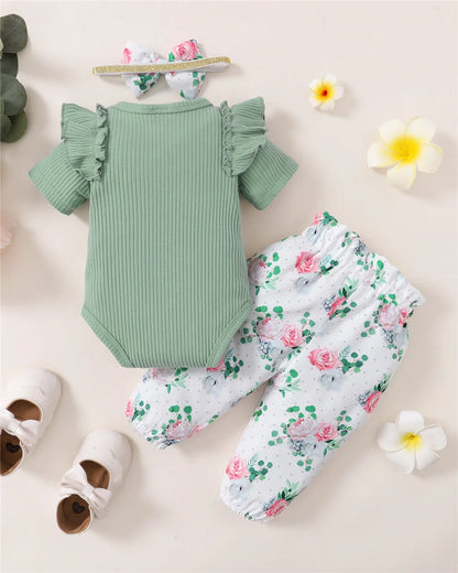 Newborn Baby Girl 3PCS Clothes Set Letters Short Sleeve Romper+Flowers Pant+Bowknot Headband Summer Lovely Outfit