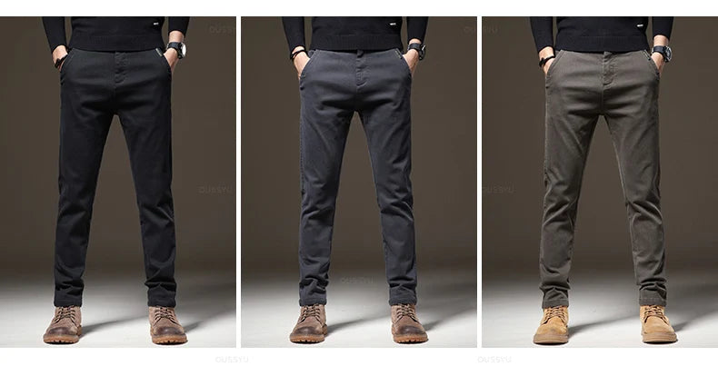 Brand Clothing Winter Fleece Warm Casual Pants Men Cotton Elastic Waist Brown Grey Twill Work Slim Flocking Cargo Trousers Male