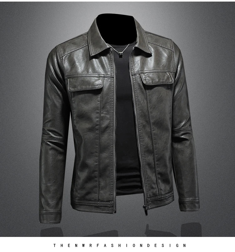 Men's Jacket Spring and Autumn Handsome Solid Color Collar Motorcycle Leather Coat Slim Fashion Leather Jacket M-5XL