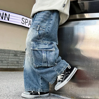 Boys Retro Jeans Spring Autumn New Teenager Children Fried Street Handsome Straight Loose Wide-leg Pants Kids Cargo Denim Jeans