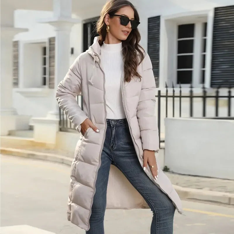 Women's Winter Long Parka Solid Color Thick Warm Hooded Cotton-padded Jacket Fashion Street Long Down Cotton-padded Jacket