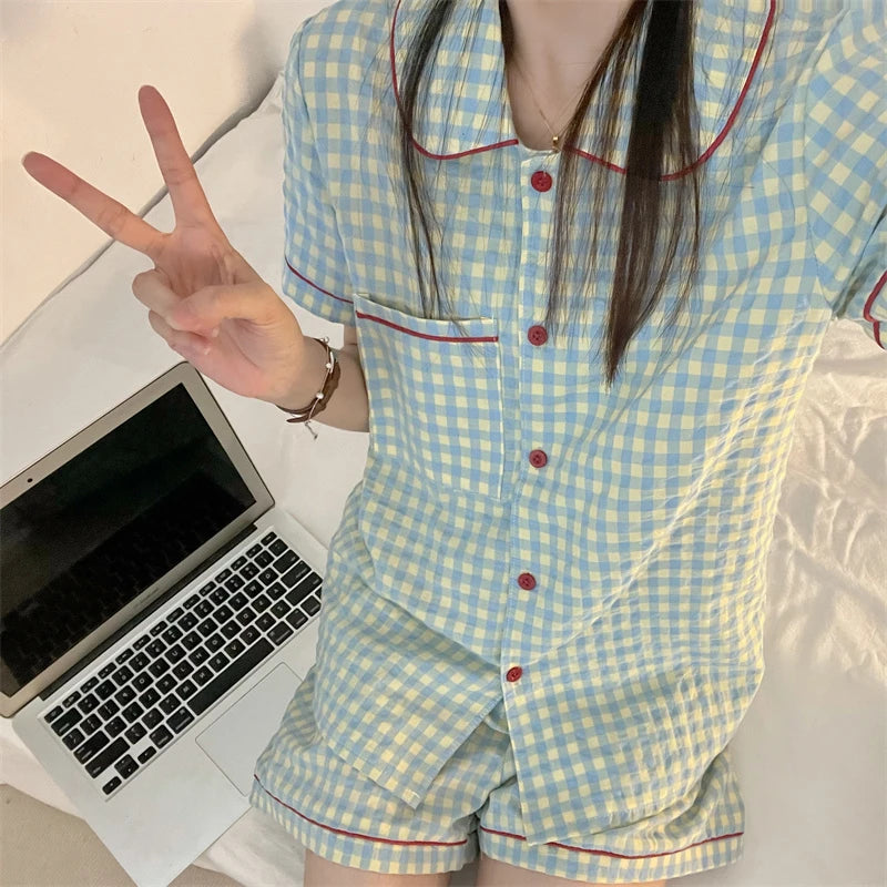 Women's Pajamas New Summer Short Sleeve Soft Sleepwear Set Grid Cartoon Printed Pyjama Woman Home Nightwear Set Cardigan