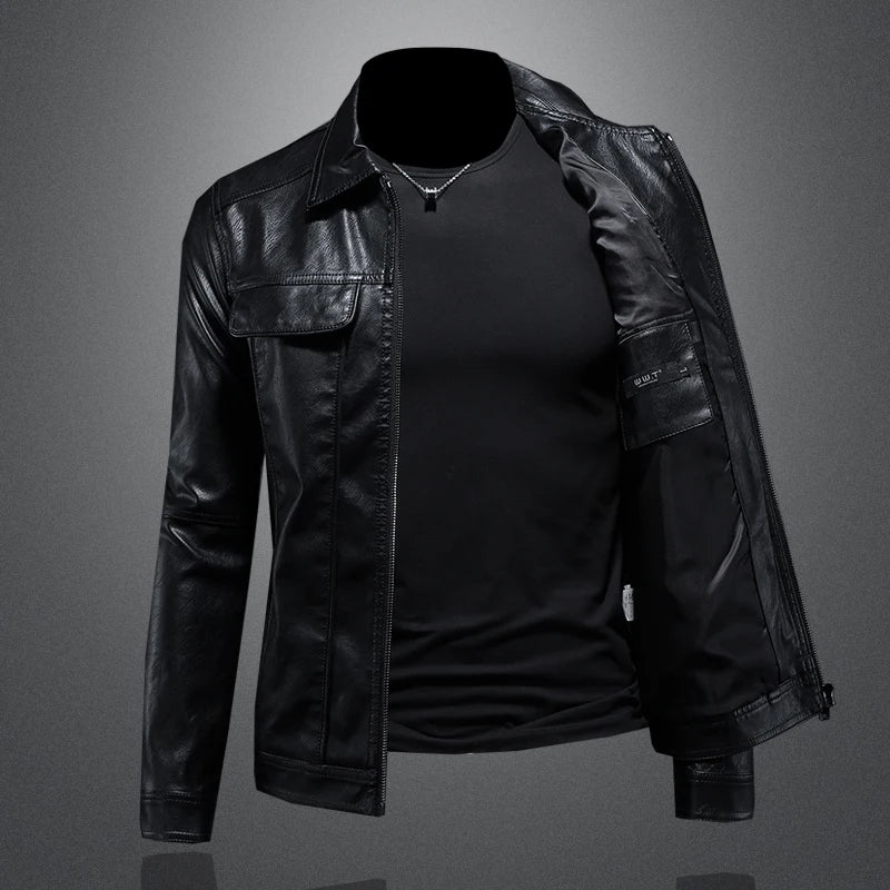 Men's Jacket Spring and Autumn Handsome Solid Color Collar Motorcycle Leather Coat Slim Fashion Leather Jacket M-5XL