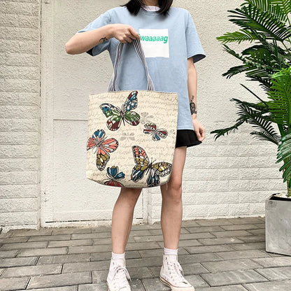 Summer Women's Canvas Cartoon Graffiti Printing Handbag Large Capacity Shoulder Beach Bag Fashion Folding Ladies Casual Tote Bag