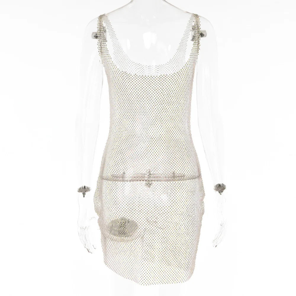 European and American Clothing 2024 Summer New Style Bright Diamond Dress Net Diamond Sexy Suspender Hollow See-through Skirt