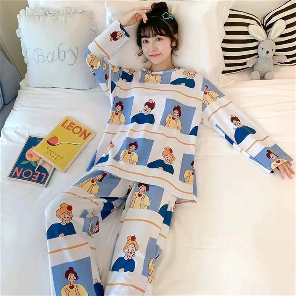 2PCS/Set Women's Clothes Spring and Fall Pajamas Long-Sleeved Cartoon Cute Sweet Floral Young Girl Homewear Outside Loungewear