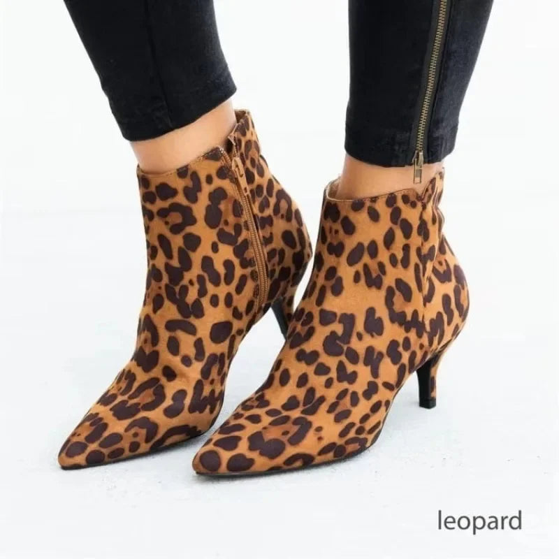 Botas New Women Ankle Boots Leopard Women Pointed Toe Ladies Chunky High Heel Female Shoes Woman Footwear Plus Size43 Women Boot